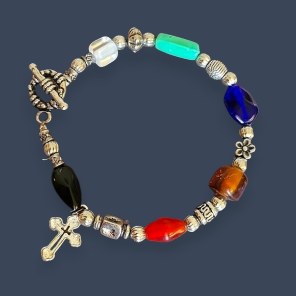 HANDMADE Rainbow Glass Metal Beaded Cross Toggle Bracelet - Picture 1 of 7